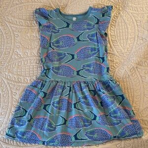 Tea Collection Teal & Blue Fish Print Ruffle Dress